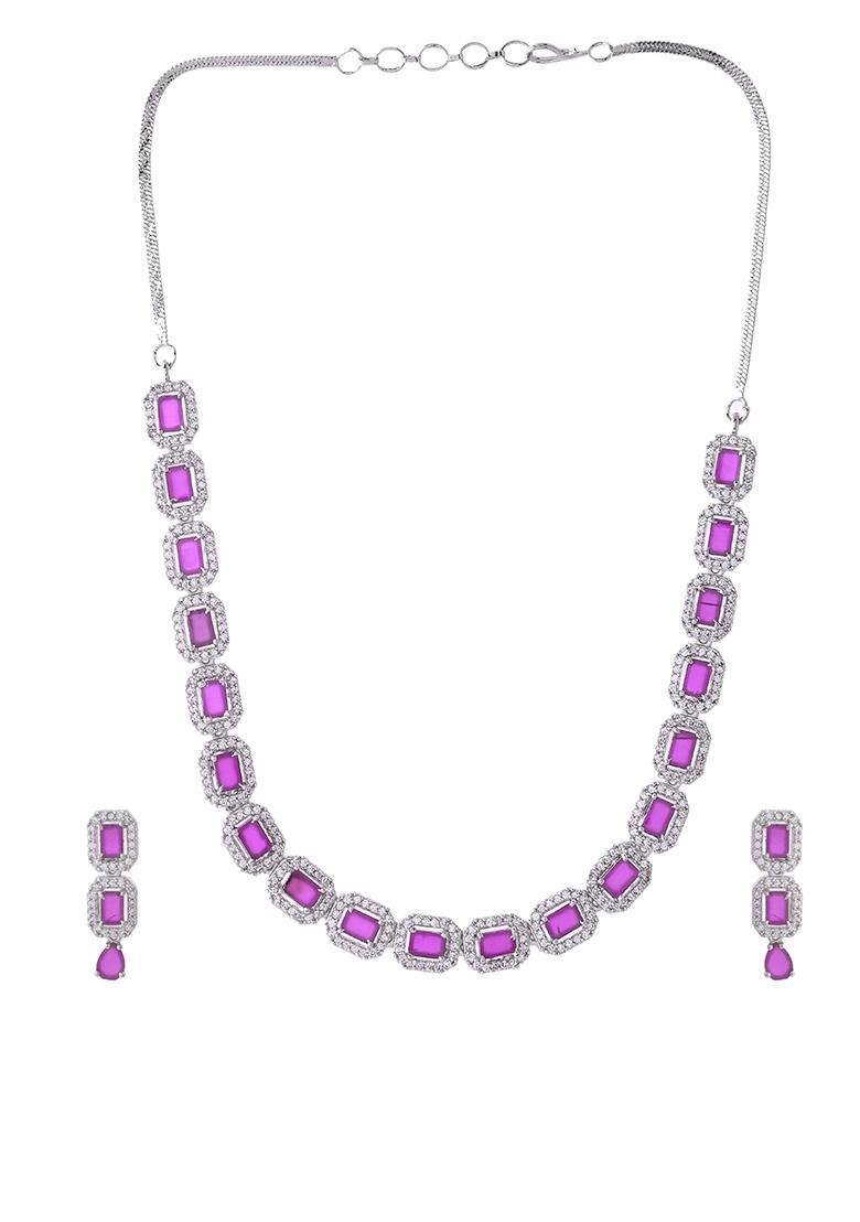 Silver Plated Pink Stone Studded Rectangular Ad Jewellery Set