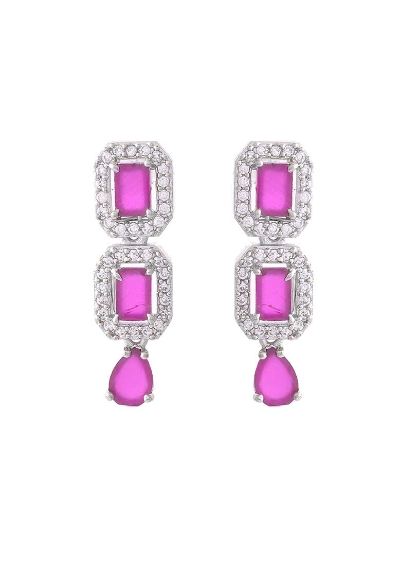 Silver Plated Pink Stone Studded Rectangular Ad Jewellery Set - Indya