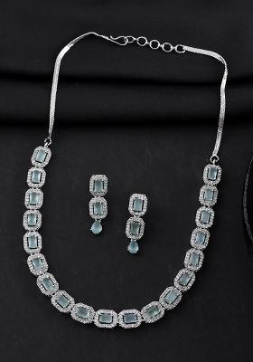 Silver Plated Sea Green Stone Studded Rectangular Ad Jewellery Set