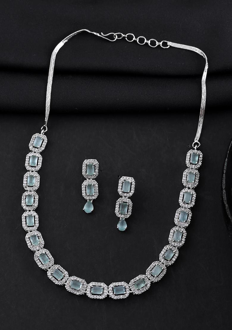 Silver Plated Sea Green Stone Studded Rectangular Ad Jewellery Set