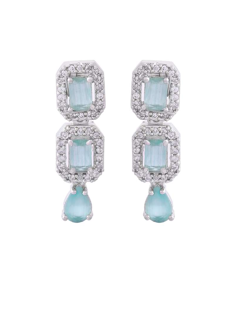 Silver Plated Sea Green Stone Studded Rectangular Ad Jewellery Set - Indya