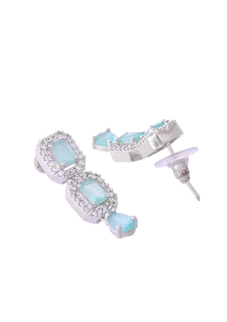 Silver Plated Sea Green Stone Studded Rectangular Ad Jewellery Set