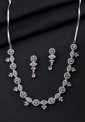 Silver Toned White And Baby Pink Stone Studded Ad Jewellery Set