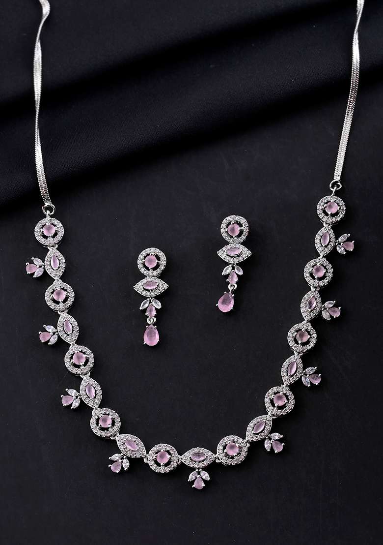 Silver Toned White And Baby Pink Stone Studded Ad Jewellery Set - Indya