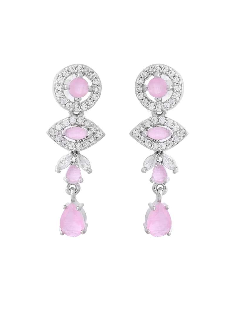 Silver Toned White And Baby Pink Stone Studded Ad Jewellery Set - Indya