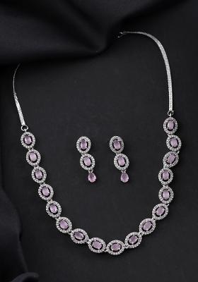 Silver Toned Baby Pink Stone Studded Circular Ad Jewellery Set