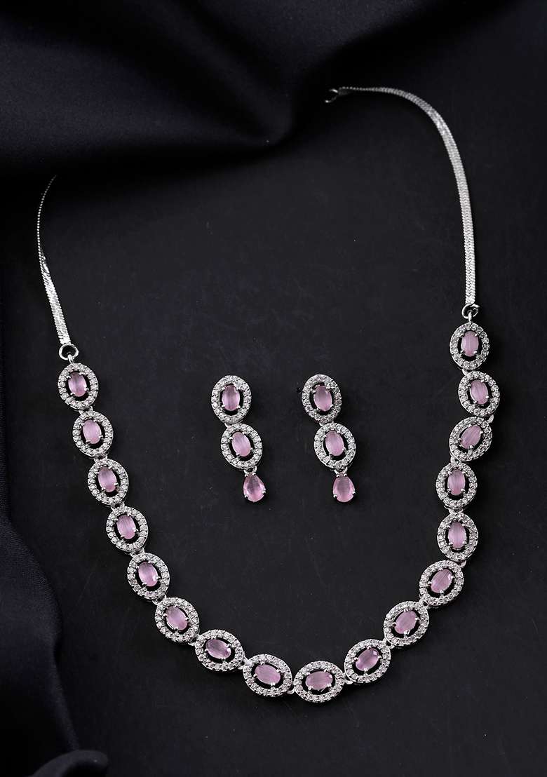 Silver Toned Baby Pink Stone Studded Circular Ad Jewellery Set - Indya
