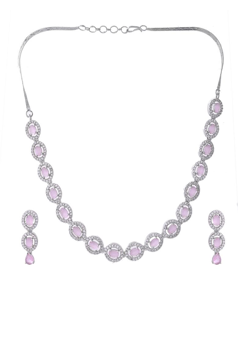 Silver Toned Baby Pink Stone Studded Circular Ad Jewellery Set