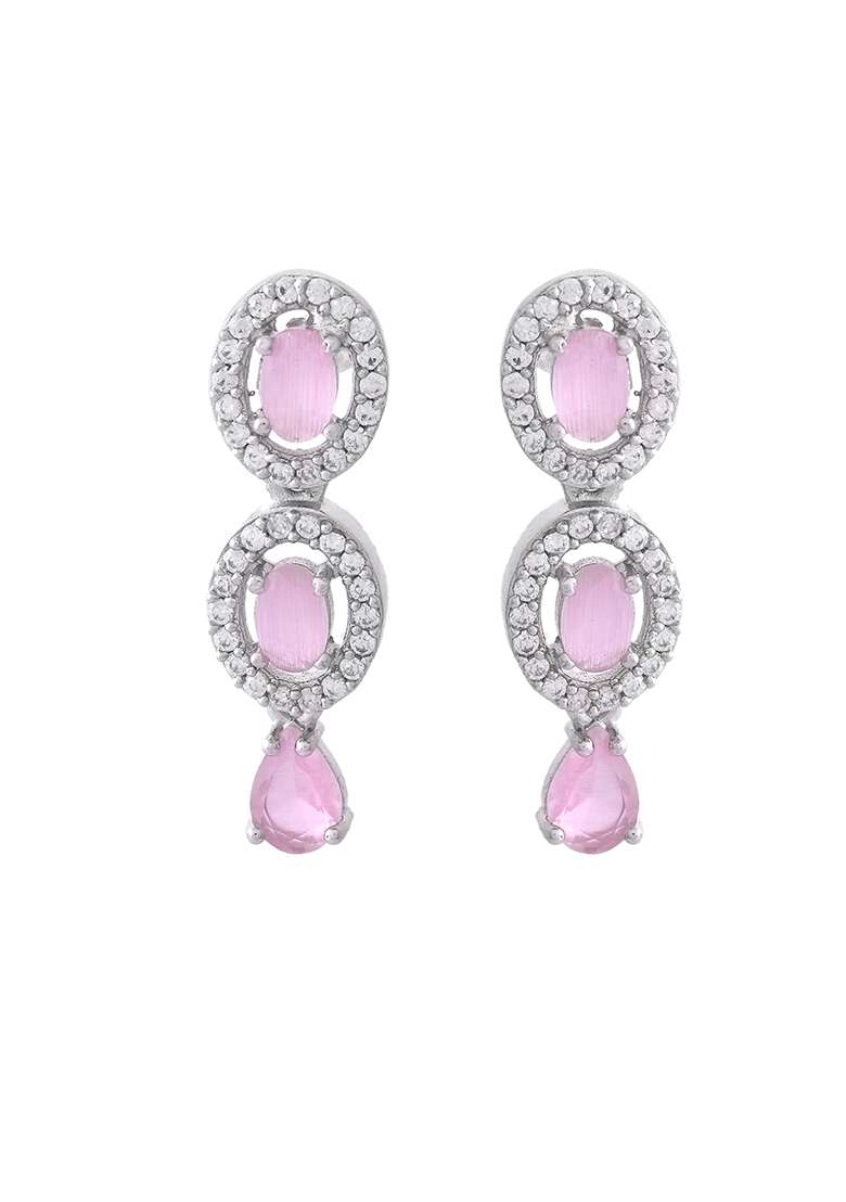 Silver Toned Baby Pink Stone Studded Circular Ad Jewellery Set - Indya