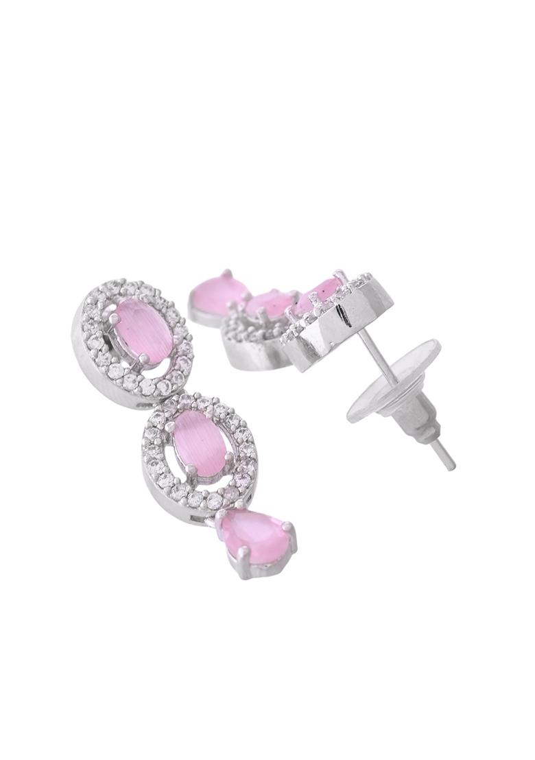 Silver Toned Baby Pink Stone Studded Circular Ad Jewellery Set