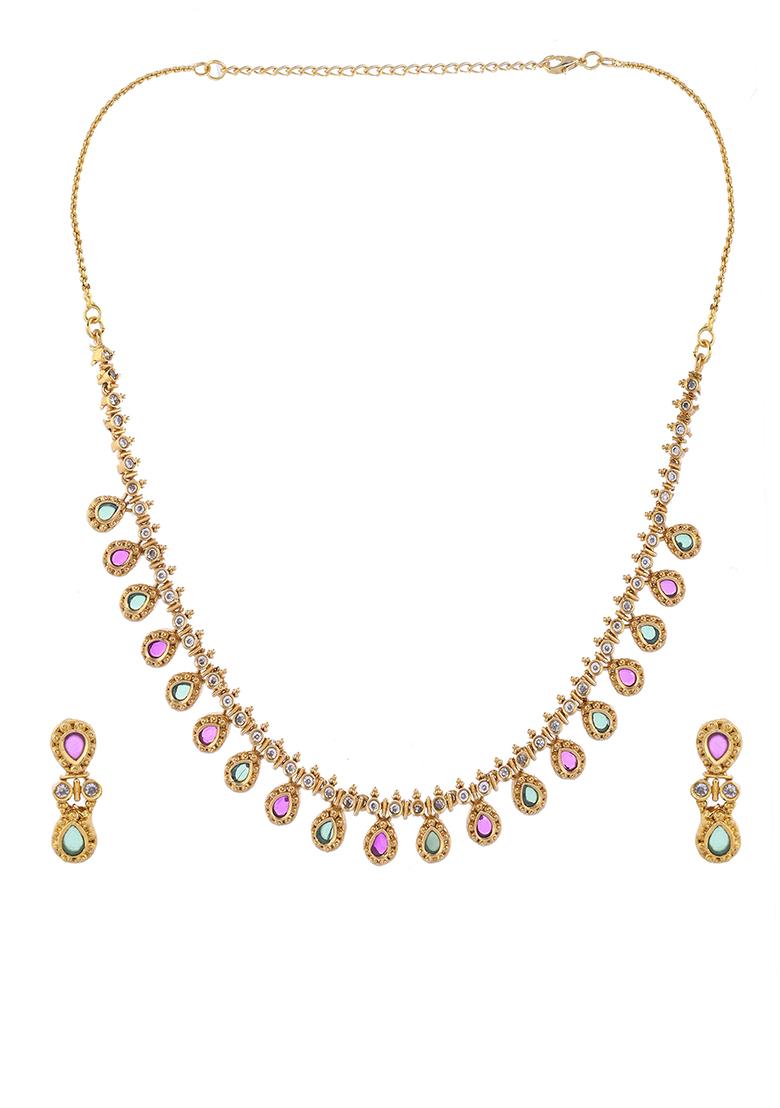 Gold Toned Ad Stone Studded Classic Jewellery Set