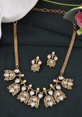 Gold Plated Floral Shaped Stone Studded Designer Jewellery Set