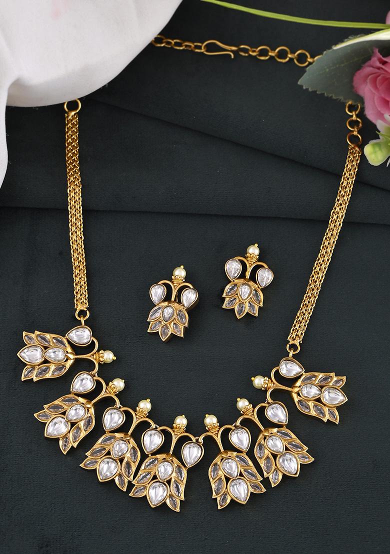 Gold Plated Floral Shaped Stone Studded Designer Jewellery Set