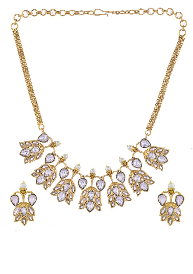 Gold Plated Floral Shaped Stone Studded Designer Jewellery Set