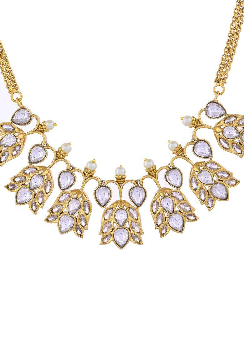 Gold Plated Floral Shaped Stone Studded Designer Jewellery Set