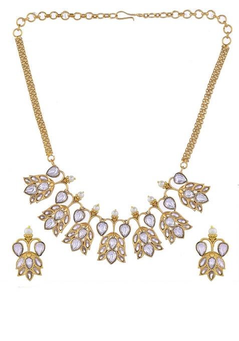 Gold Plated Floral Shaped Stone Studded Designer Jewellery Set