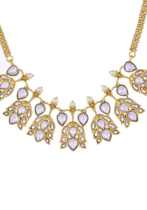 Gold Plated Floral Shaped Stone Studded Designer Jewellery Set