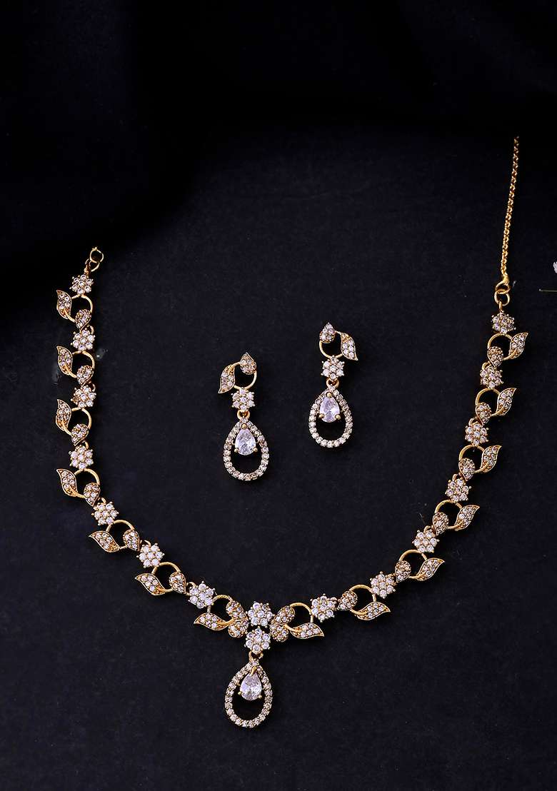 Gold Plated Floral Shaped Ad Studded Elgent Jewellery Set - Indya