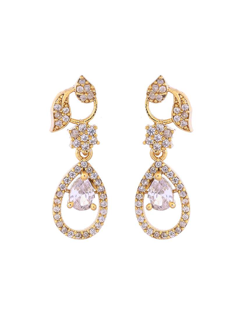 Gold Plated Floral Shaped Ad Studded Elgent Jewellery Set - Indya
