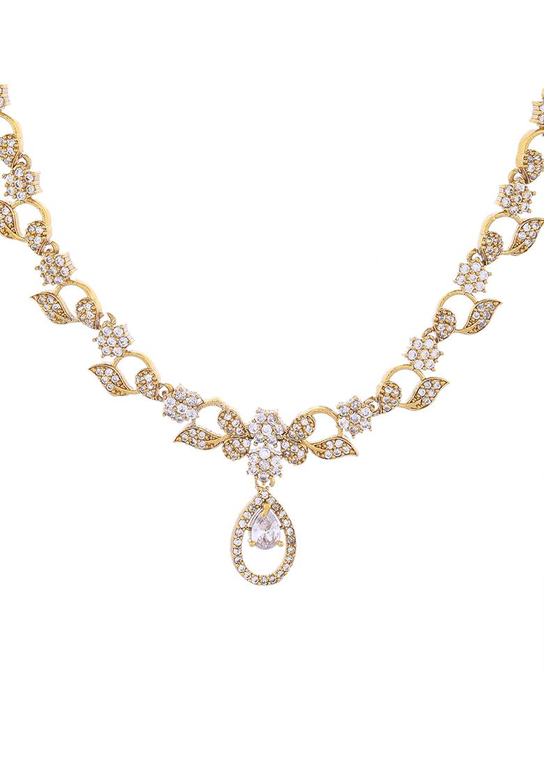 Gold Plated Floral Shaped Ad Studded Elgent Jewellery Set