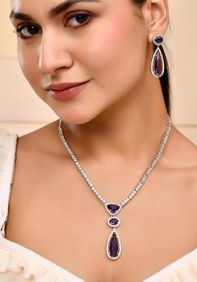 Silver Plated Purple Ad And Cubic Zirconia Studded Necklace Set