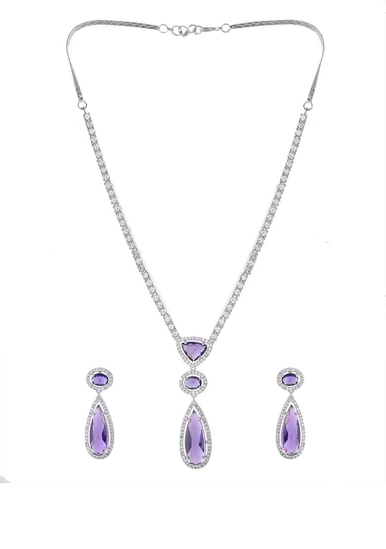 Silver Plated Purple Ad And Cubic Zirconia Studded Necklace Set - Indya