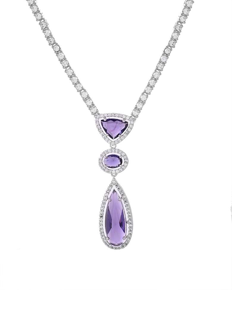Silver Plated Purple Ad And Cubic Zirconia Studded Necklace Set - Indya