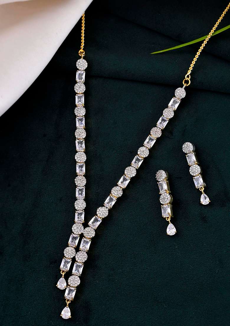 Gold Toned Ad Stone Studded Necklace Set - Indya