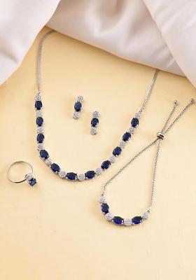 Silver Plated Blue Stone Studded Necklace Set With Ring And Bracelet