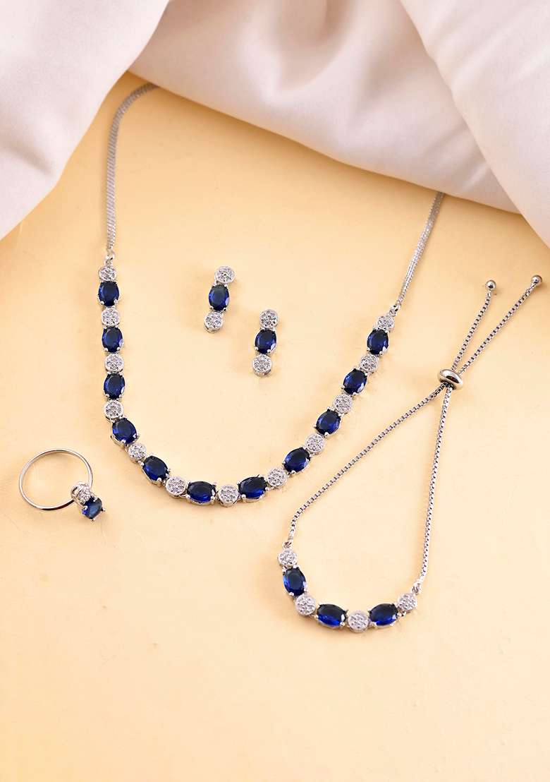 Silver Plated Blue Stone Studded Necklace Set With Ring And Bracelet - Indya