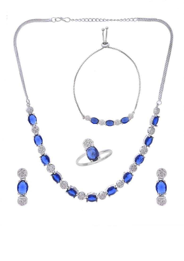 Silver Plated Blue Stone Studded Necklace Set With Ring And Bracelet