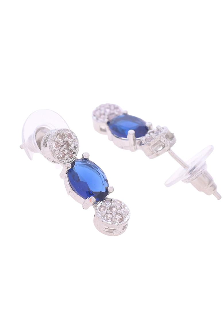 Silver Plated Blue Stone Studded Necklace Set With Ring And Bracelet