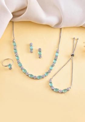Silver Plated Teal Stone Studded Necklace Set With Ring And Bracelet
