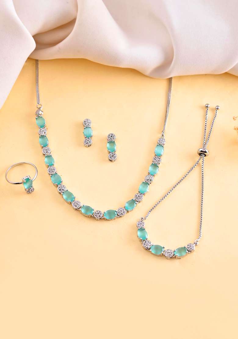 Silver Plated Teal Stone Studded Necklace Set With Ring And Bracelet - Indya
