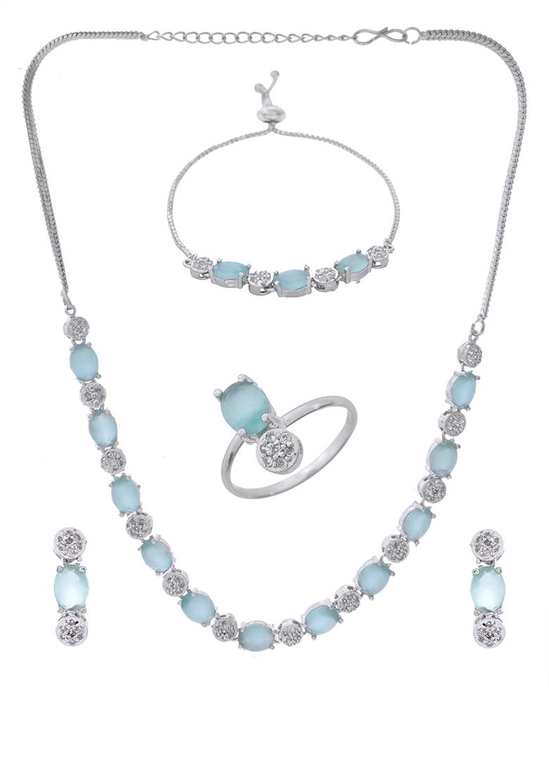 Silver Plated Teal Stone Studded Necklace Set With Ring And Bracelet