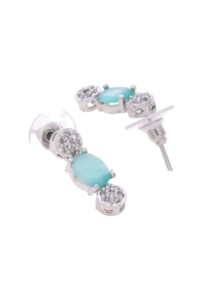 Silver Plated Teal Stone Studded Necklace Set With Ring And Bracelet - Indya