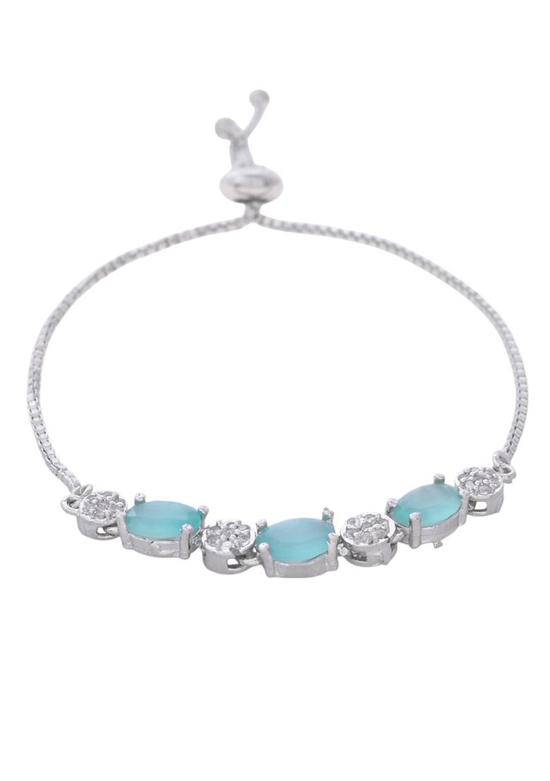 Silver Plated Teal Stone Studded Necklace Set With Ring And Bracelet