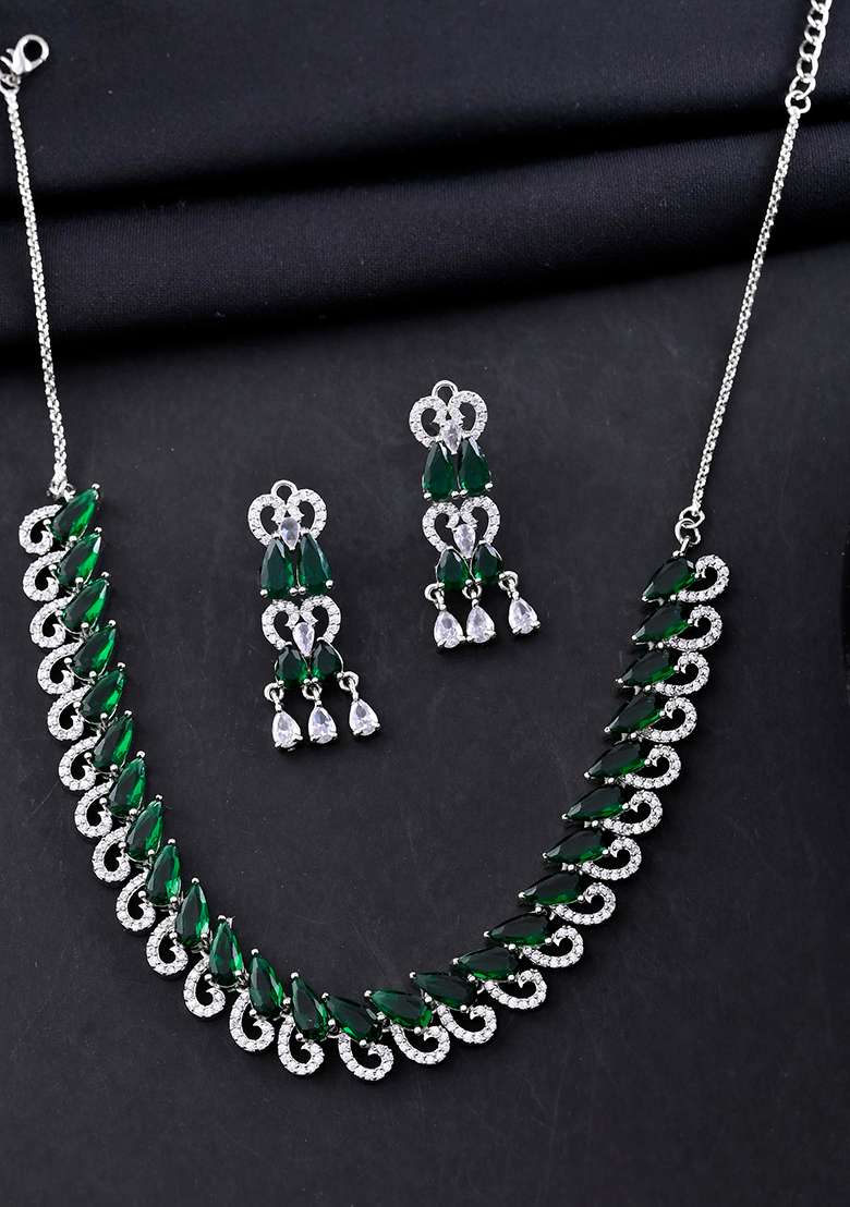 Silver Plated Ad And Green Stone Tear Drop Shaped Necklace Set - Indya