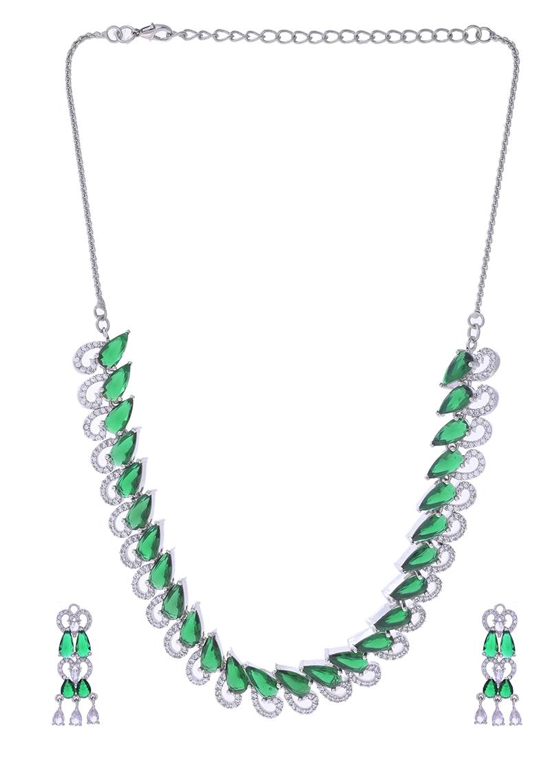 Silver Plated Ad And Green Stone Tear Drop Shaped Necklace Set