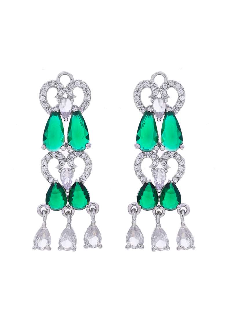 Silver Plated Ad And Green Stone Tear Drop Shaped Necklace Set - Indya