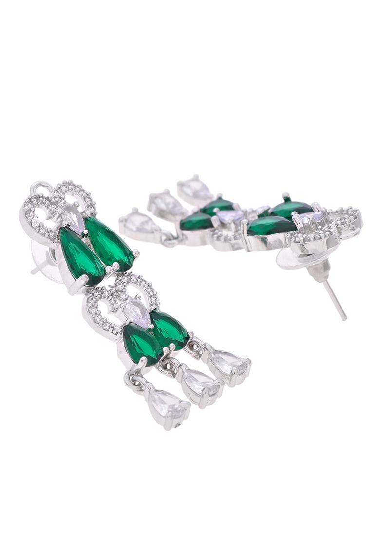 Silver Plated Ad And Green Stone Tear Drop Shaped Necklace Set