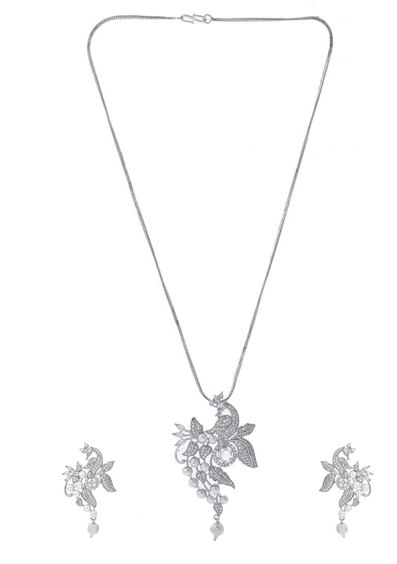 Silver Plated Ad And Pear Studded Peacock Shaped Chain Set - Indya