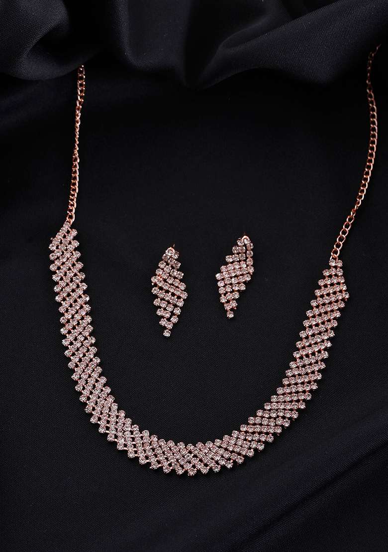 Rose Gold Plated Stone Studded Jewellery Set - Indya