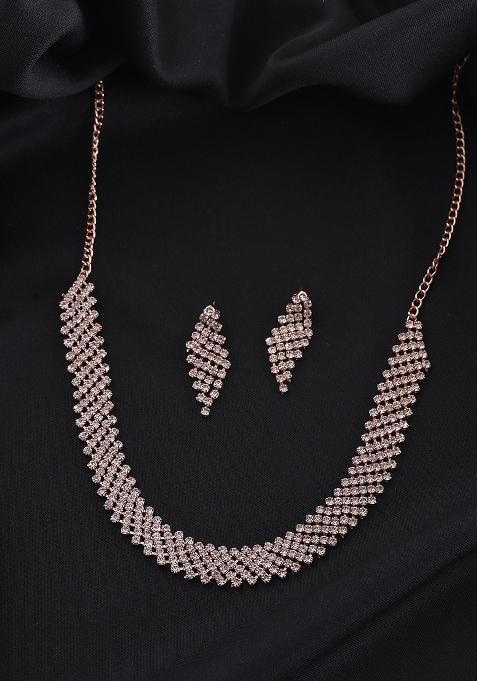 Rose Gold Plated Stone Studded Jewellery Set