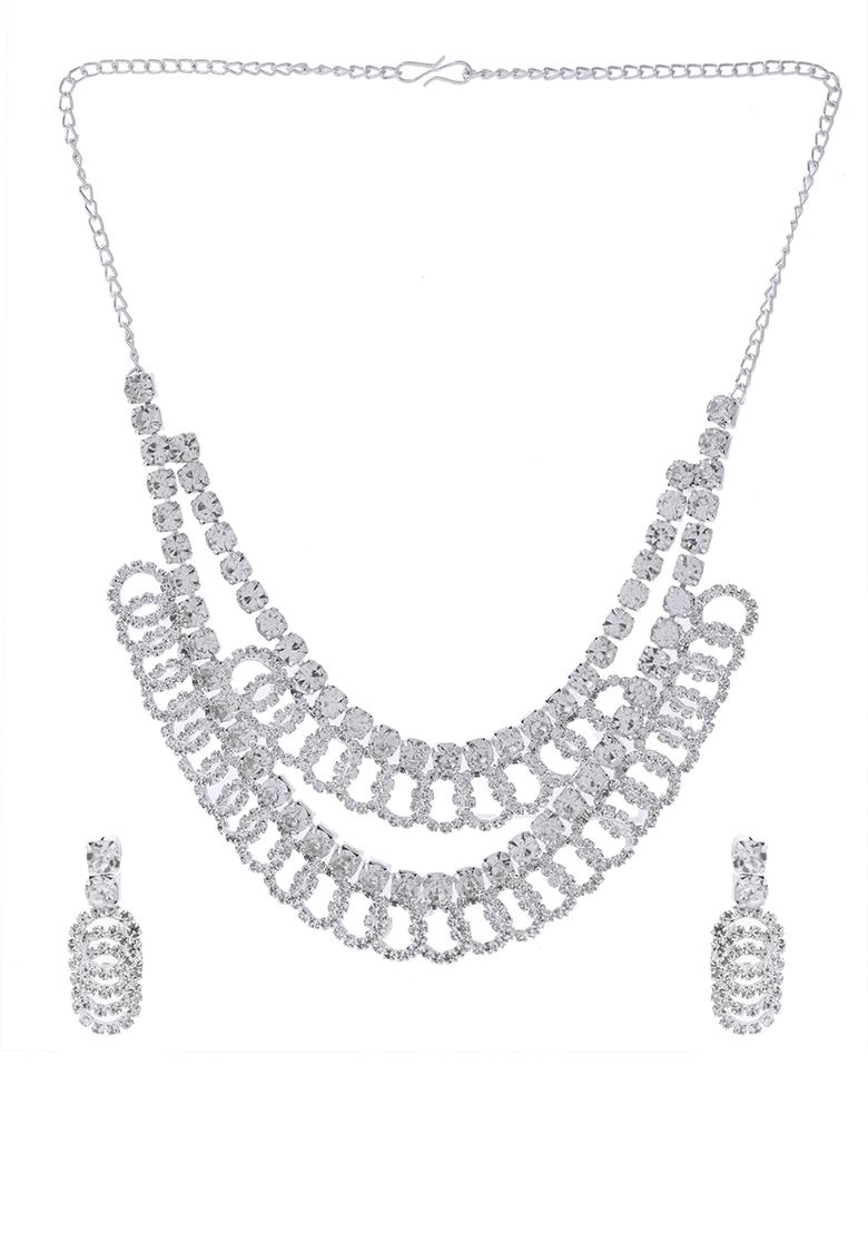 Silver Plated Stone Studded Circular Mutli Layer Necklace Set