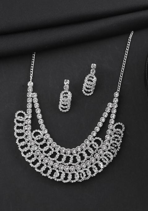 Silver Plated Stone Studded Circular Mutli Layer Necklace Set