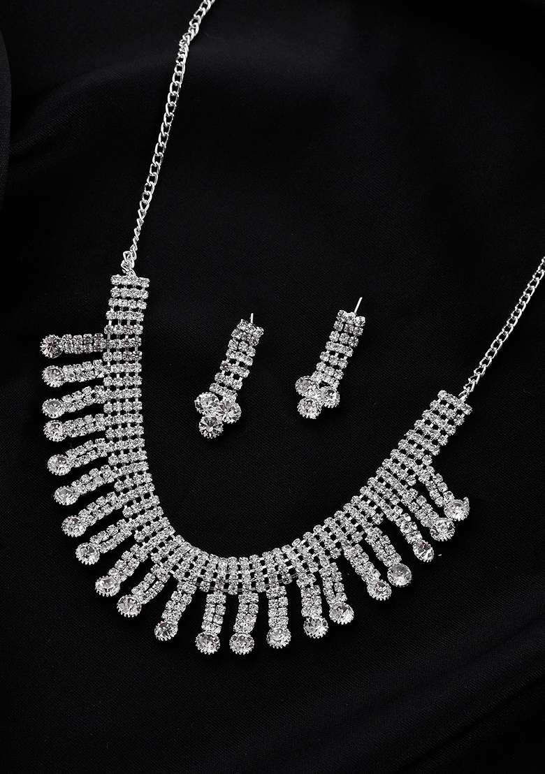 Silver Plated Cz Stone Studded Necklace Set - Indya