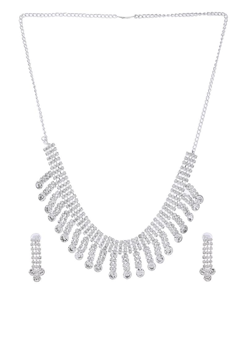 Silver Plated Cz Stone Studded Necklace Set