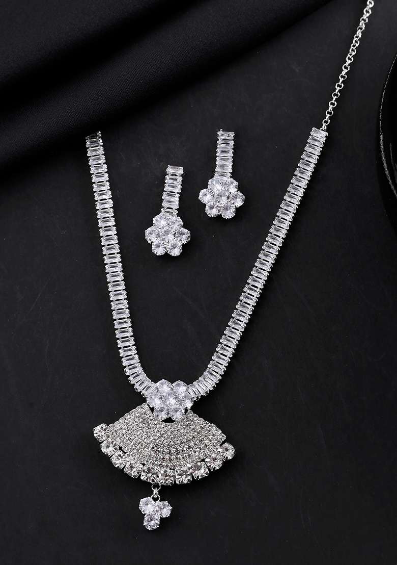 Silver Plated Cz Stone Studded Designer Jewellery Set - Indya