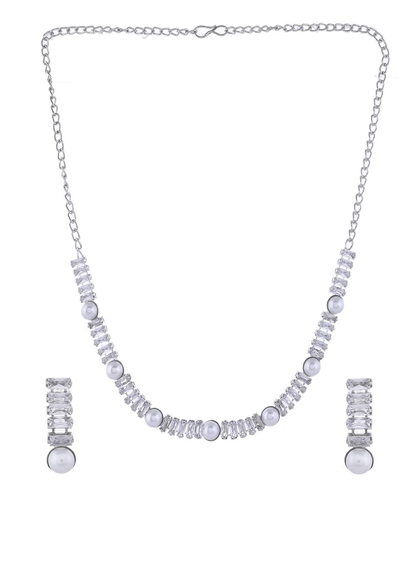 Silver Plated Pearl And Stone Studded Necklace Set